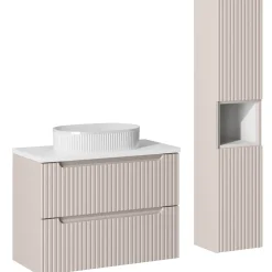 Mobile bagno sospeso cannettato 80cm con lavabo e colonna beige bianco Cleany