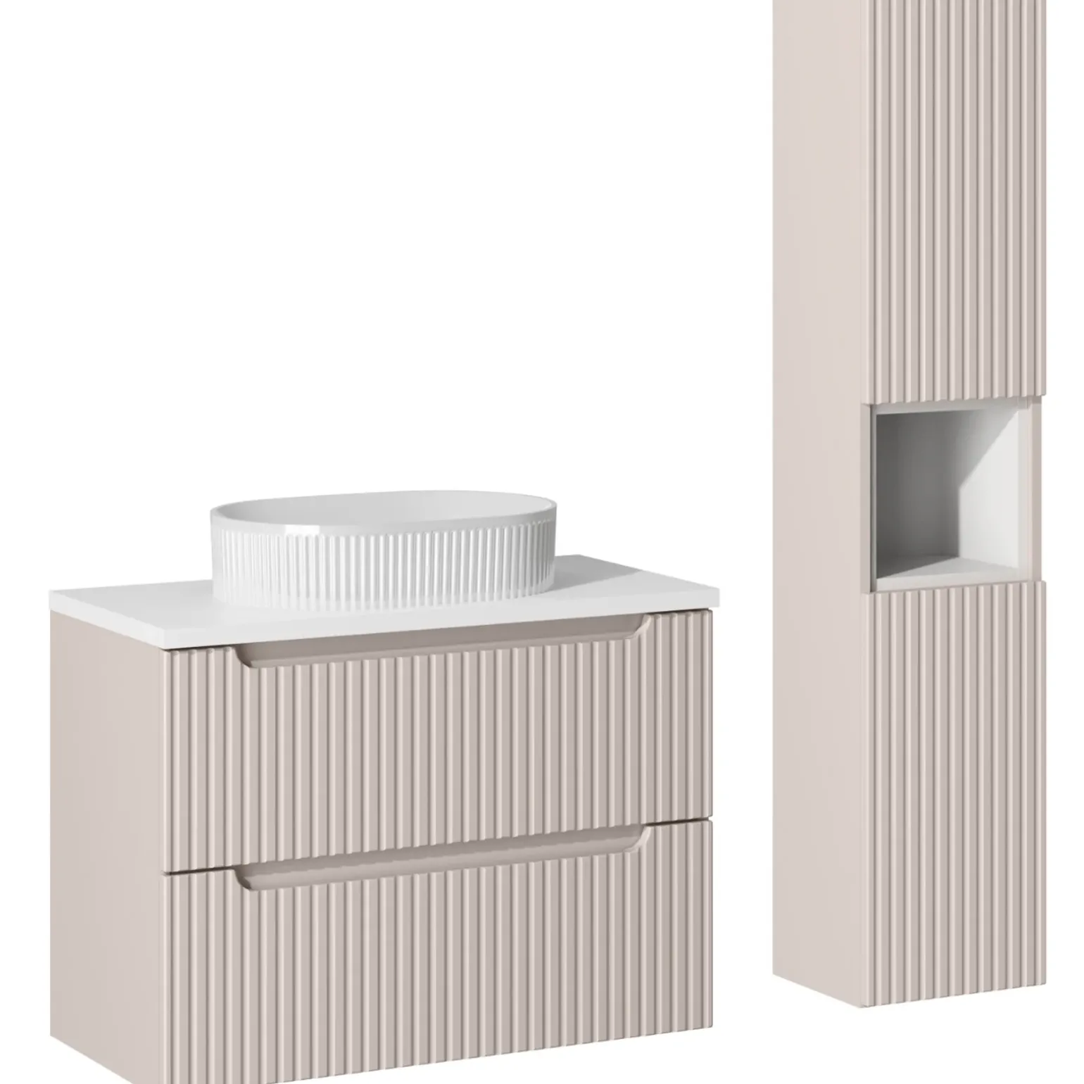 Mobile bagno sospeso cannettato 80cm con lavabo e colonna beige bianco Cleany