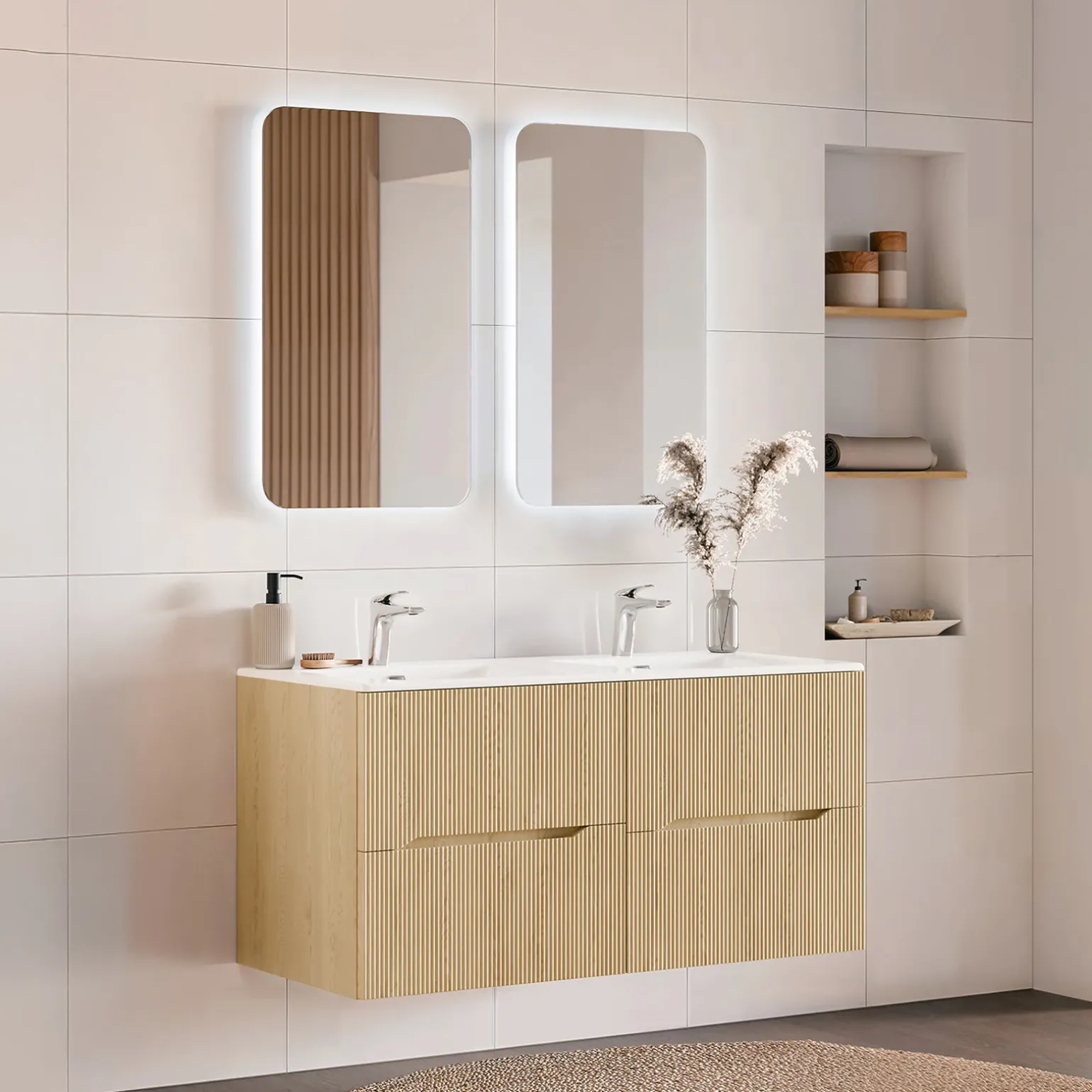 Mobile bagno sospeso cannettato 120cm con doppio lavabo rovere Pretty