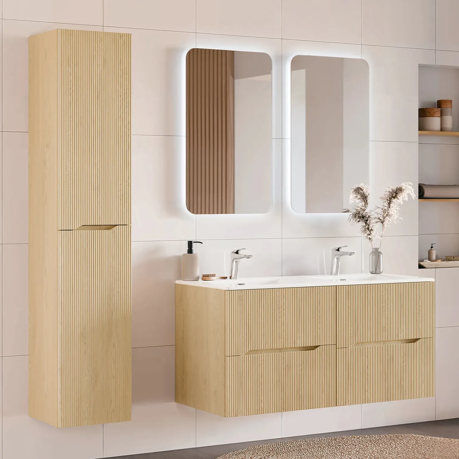 Mobile bagno sospeso cannettato 120cm con doppio lavabo rovere Pretty