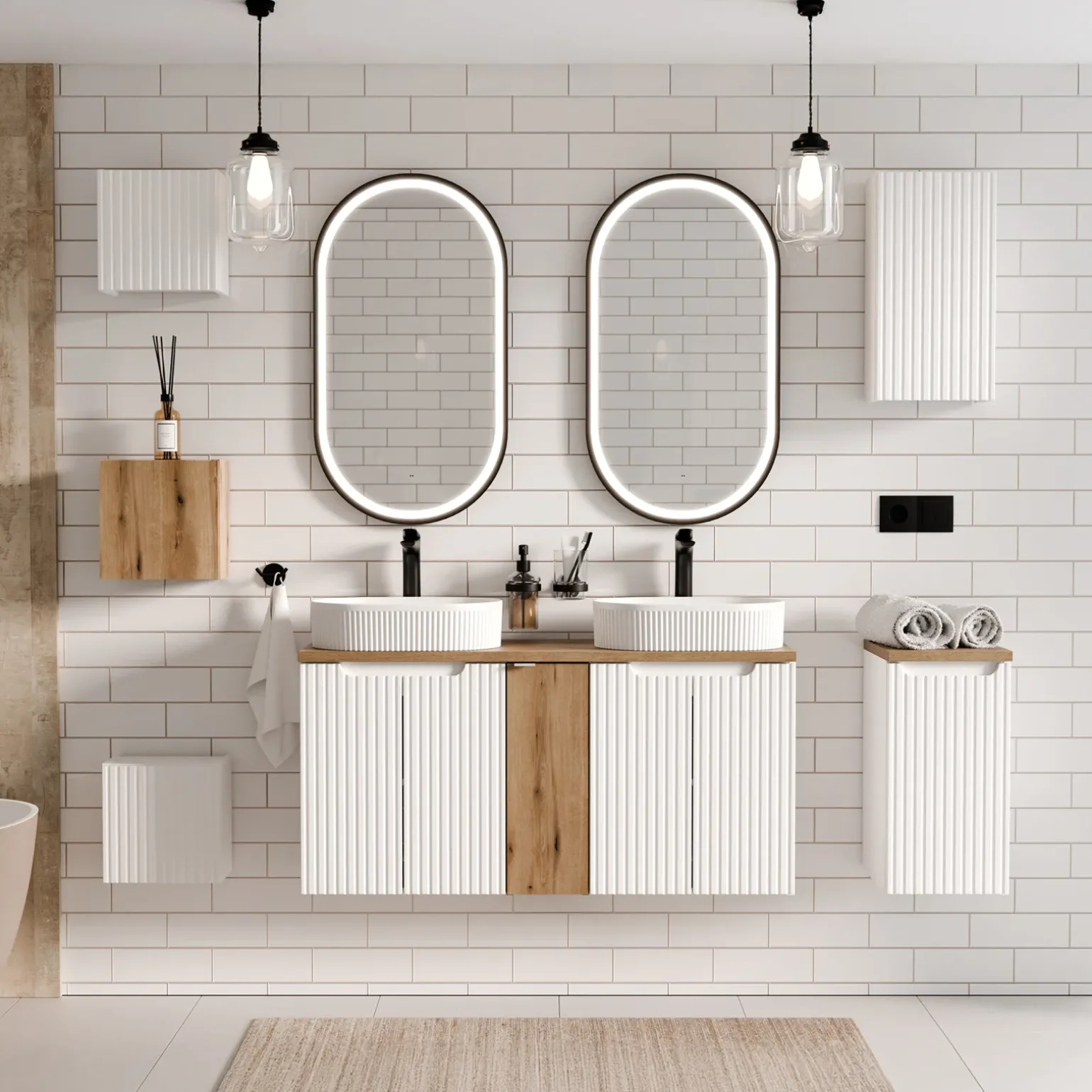 Mobile bagno sospeso cannettato 120cm 5 ante bianco rovere Cleany