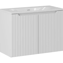 Mobile bagno sospeso cannettato 80cm con lavabo, colonna e 3 pensili bianco rovere Cleany
