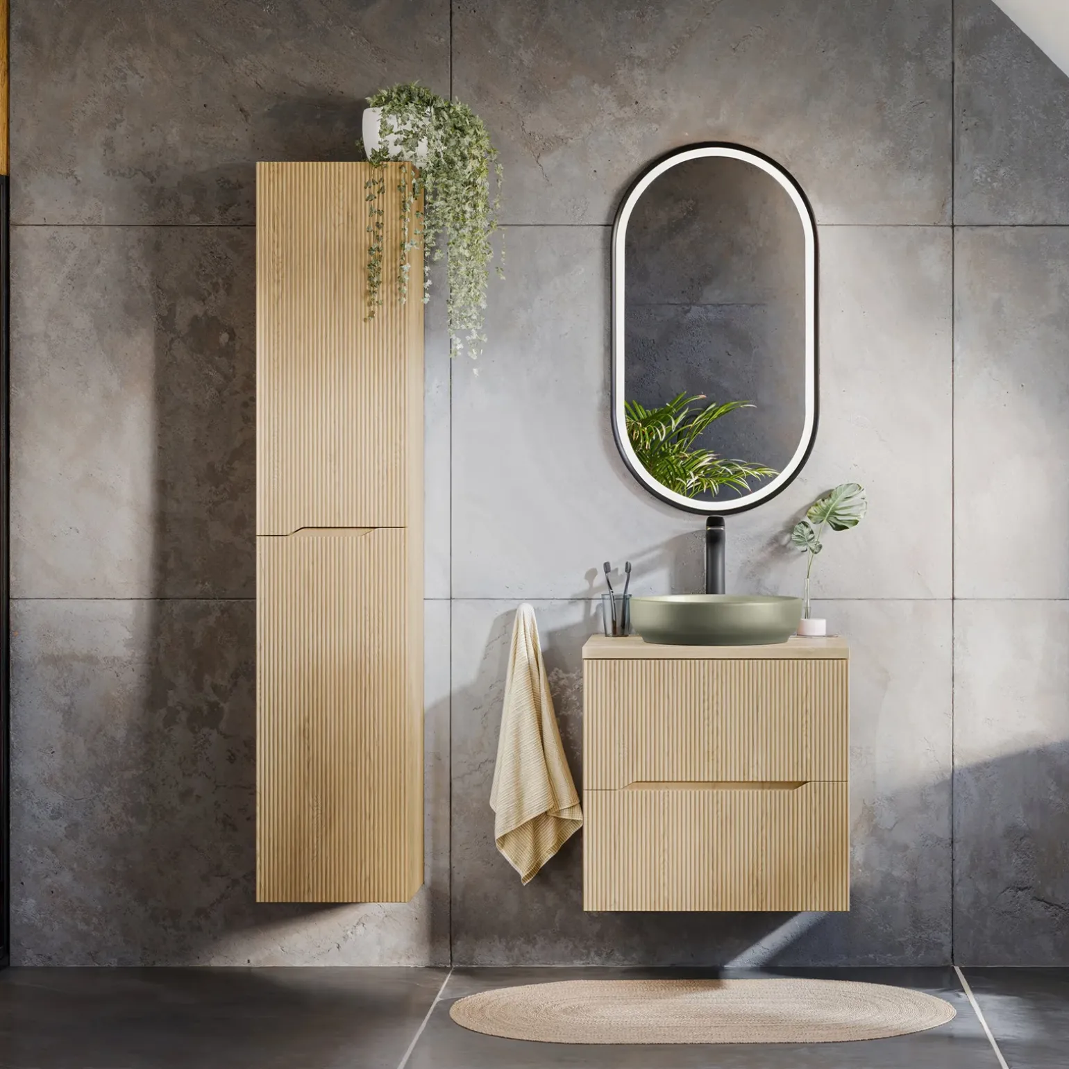 Mobile bagno sospeso cannettato 60cm con colonna rovere Pretty