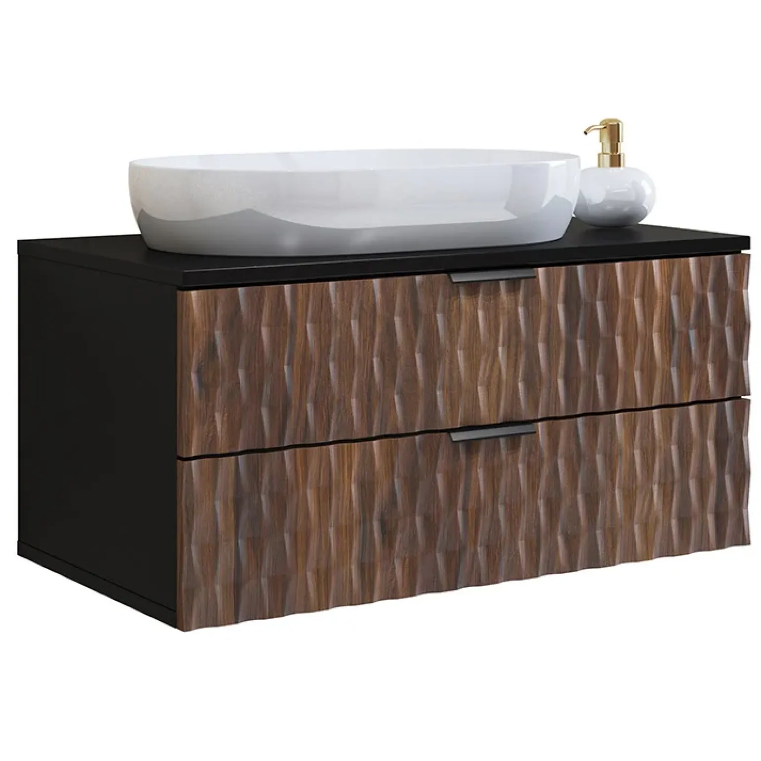 Mobile bagno sospeso 82cm 2 cassetti nero frontali noce decorati Silvy