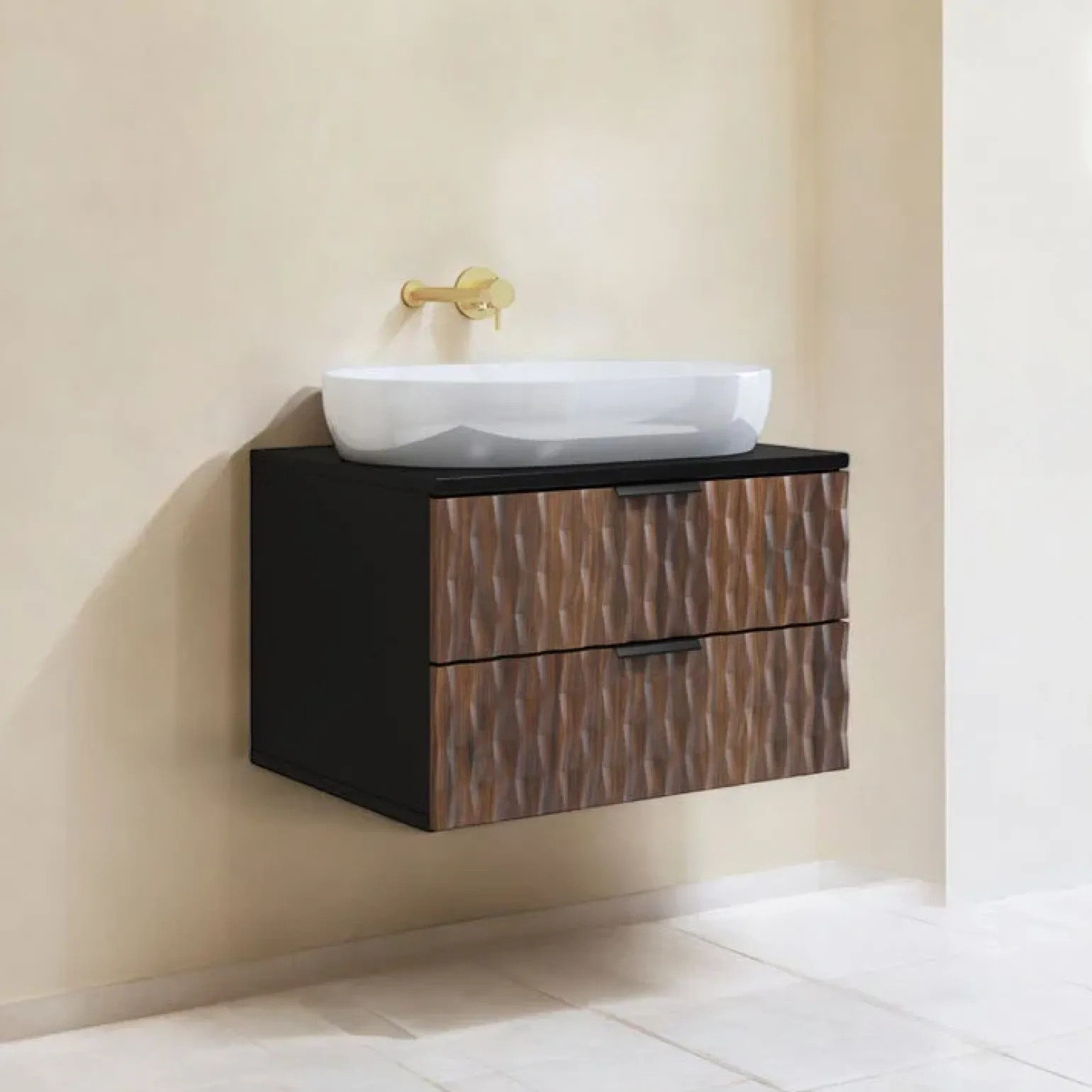 Mobile bagno sospeso 64cm 2 cassetti nero frontali noce decorati Silvy