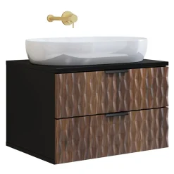 Mobile bagno sospeso 64cm 2 cassetti nero frontali noce decorati Silvy