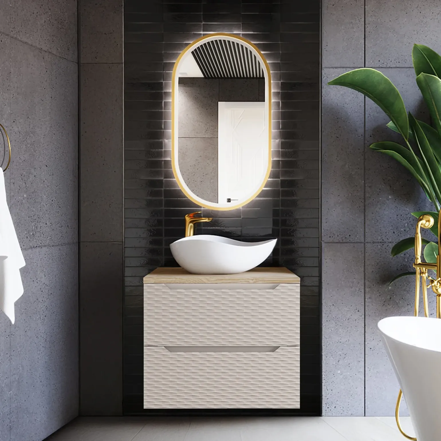 Mobile bagno sospeso 70cm 2 cassetti beige rovere Swim