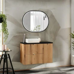 Mobile bagno sospeso 90cm 2 cassetti 1 anta rovere nero Rovery