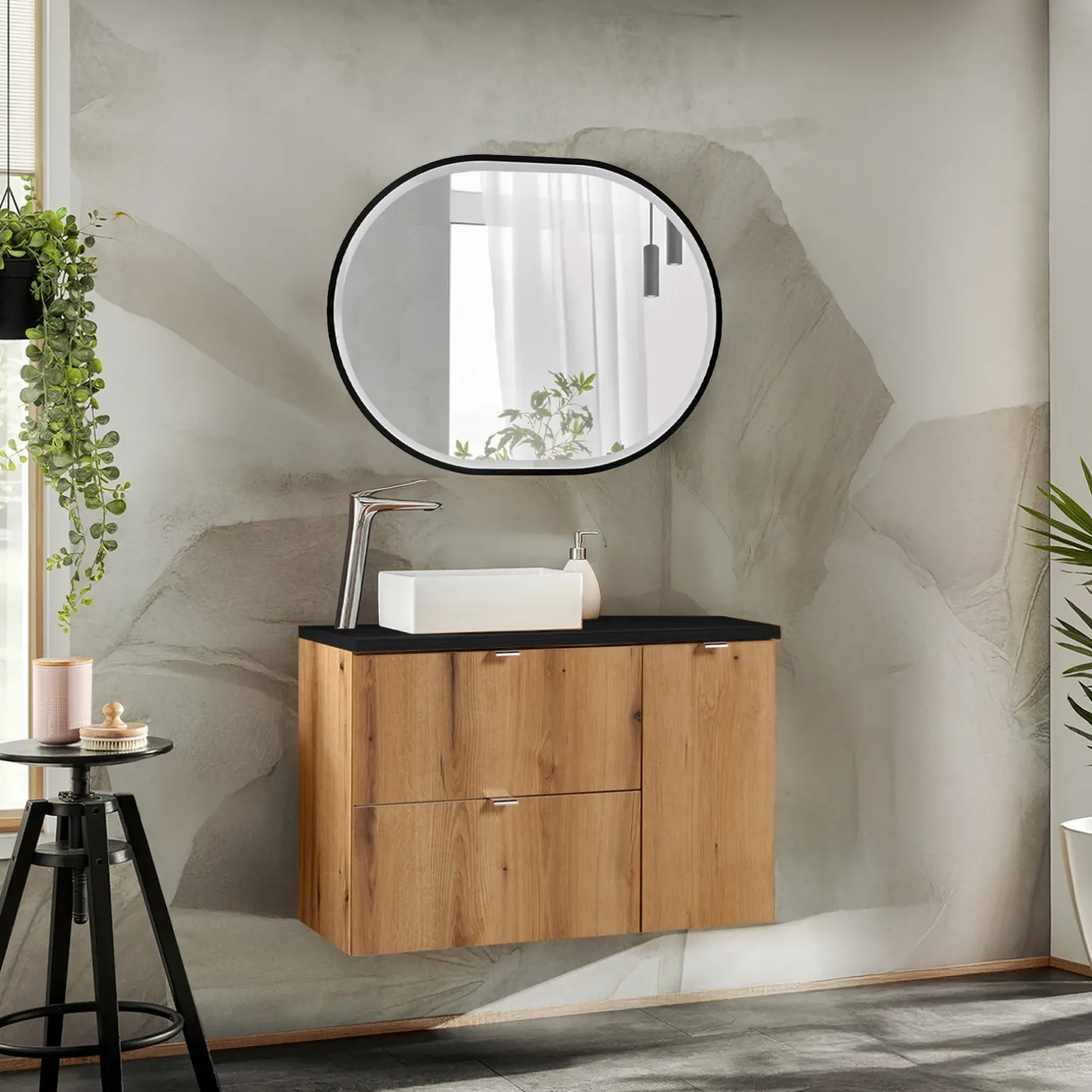 Mobile bagno sospeso 90cm 2 cassetti 1 anta rovere nero Rovery