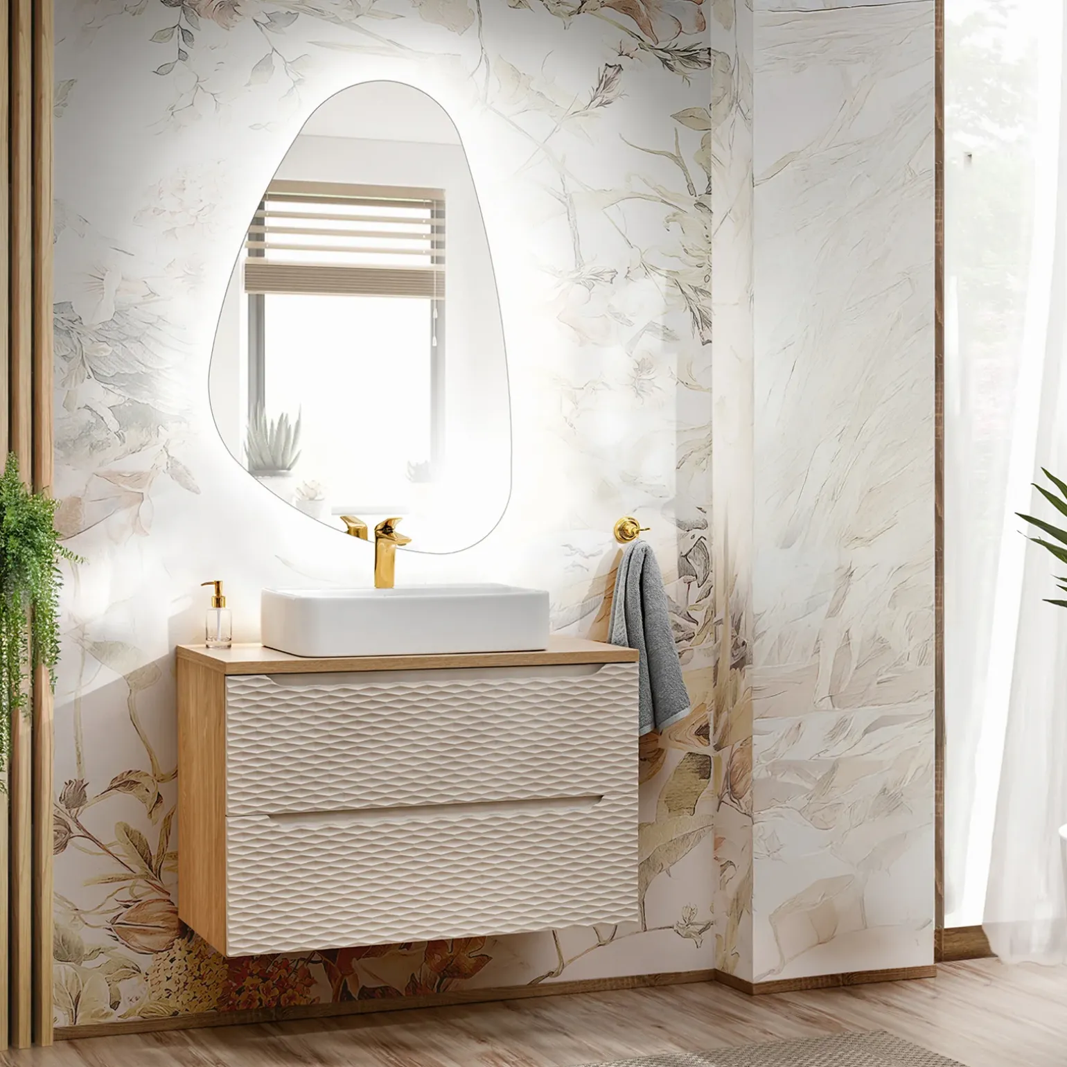 Mobile bagno sospeso 90cm 2 cassetti beige rovere Swim