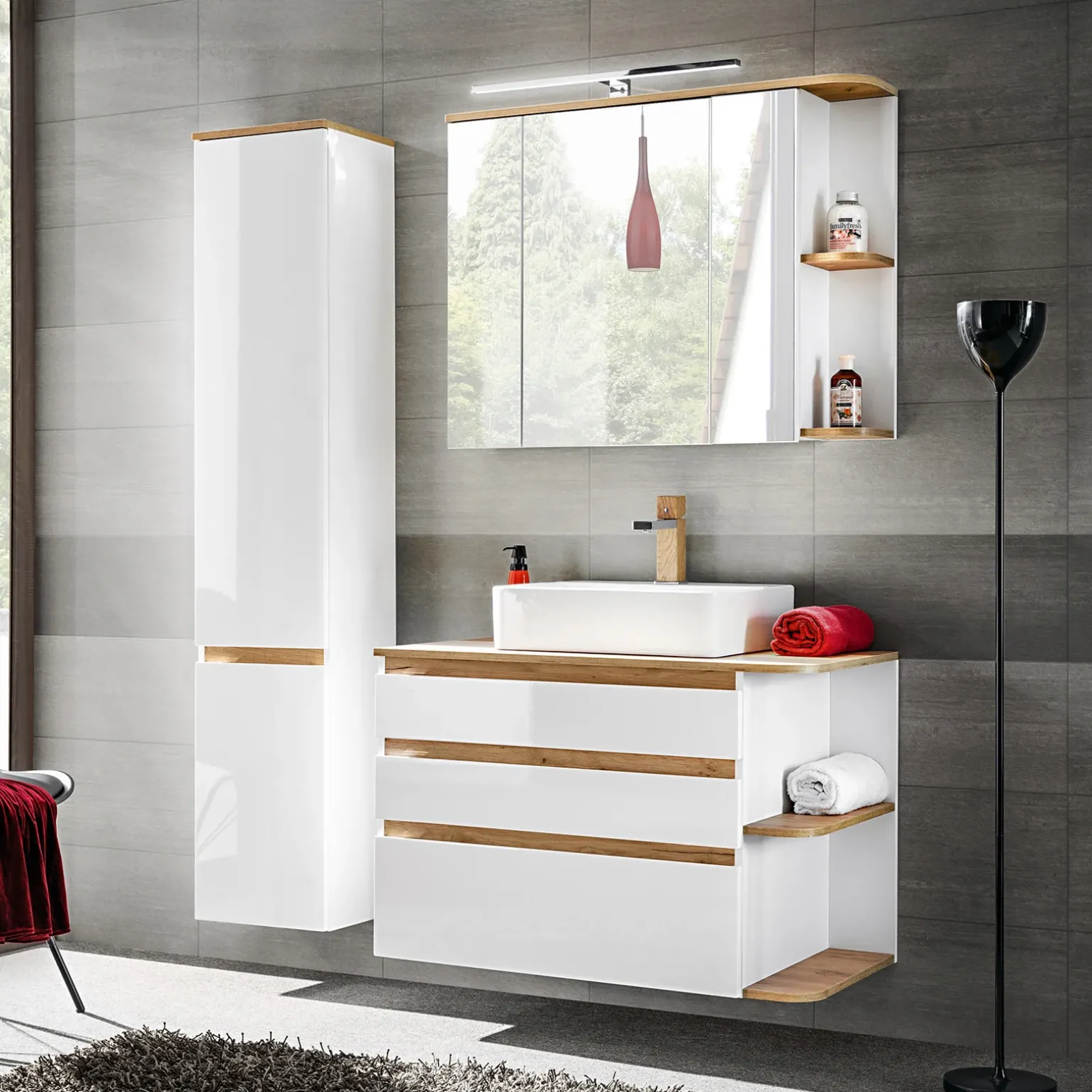 Mobile bagno sospeso 94cm 2 cassetti attrezzati bianco rovere Dual
