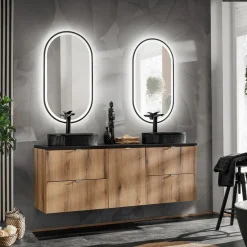 Mobile bagno sospeso 140cm 4 cassetti e portabiancheria rovere nero Rovery
