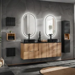 Mobile bagno sospeso 140cm 4 cassetti e portabiancheria rovere nero Rovery