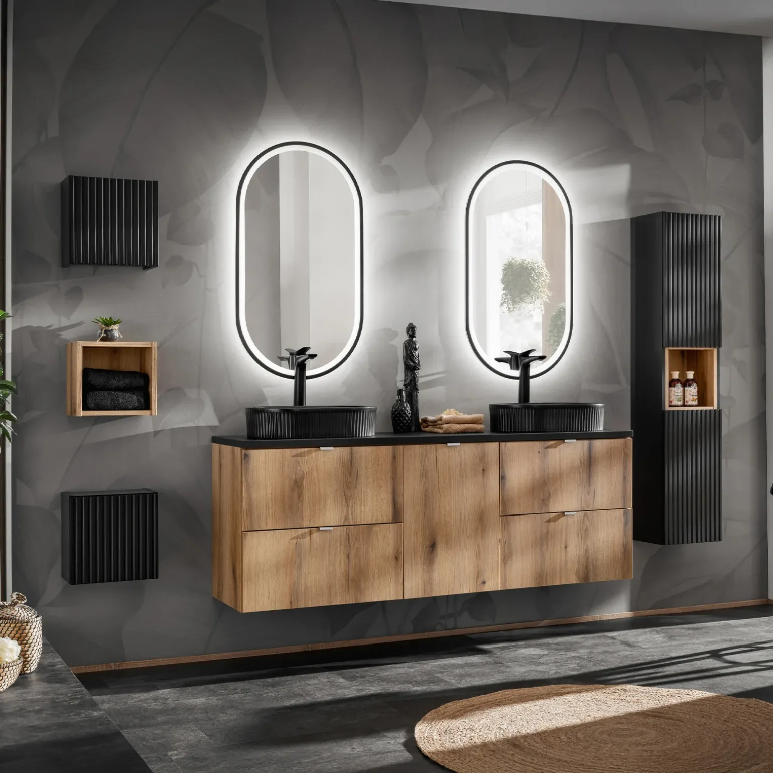 Mobile bagno sospeso 140cm 4 cassetti e portabiancheria rovere nero Rovery
