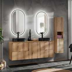 Mobile bagno sospeso 140cm 4 cassetti e portabiancheria rovere Rovery