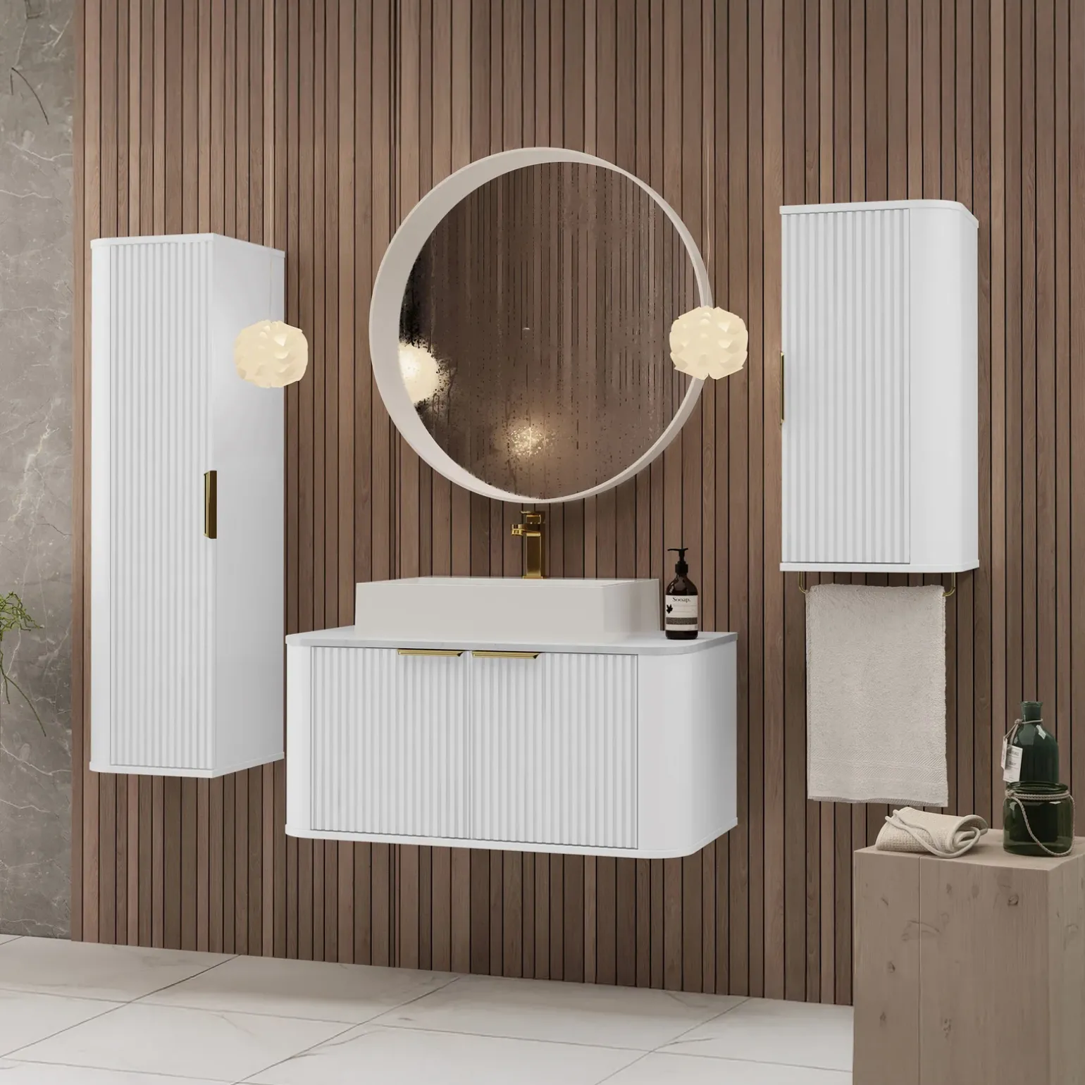 Mobile bagno sospeso 90cm con lavabo, colonna e pensile cannettato bianco Lusso
