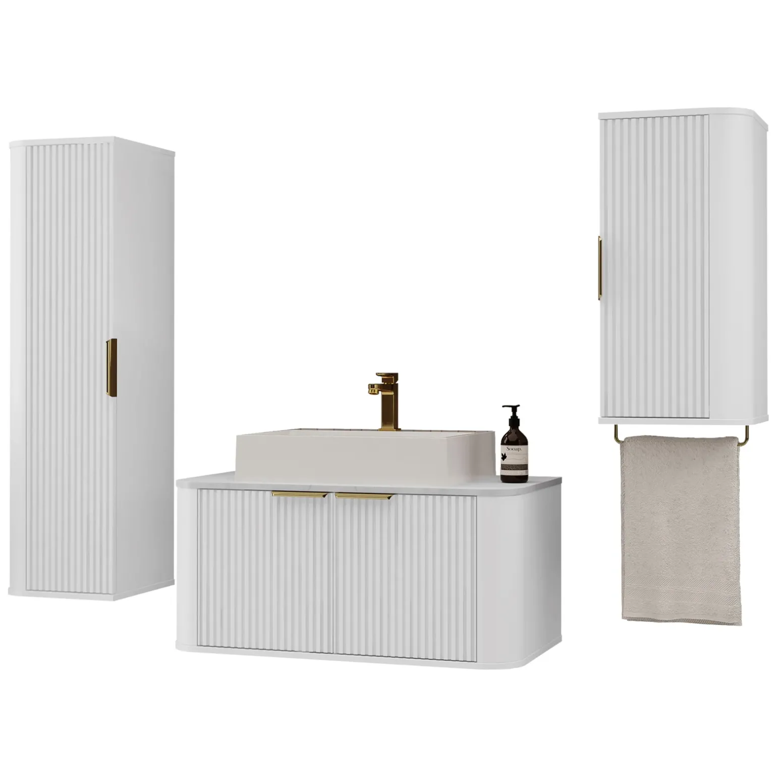 Mobile bagno sospeso 90cm con lavabo, colonna e pensile cannettato bianco Lusso