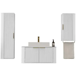 Mobile bagno sospeso 90cm con lavabo, colonna e pensile cannettato bianco Lusso