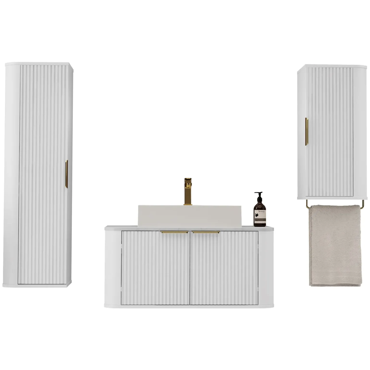 Mobile bagno sospeso 90cm con lavabo, colonna e pensile cannettato bianco Lusso