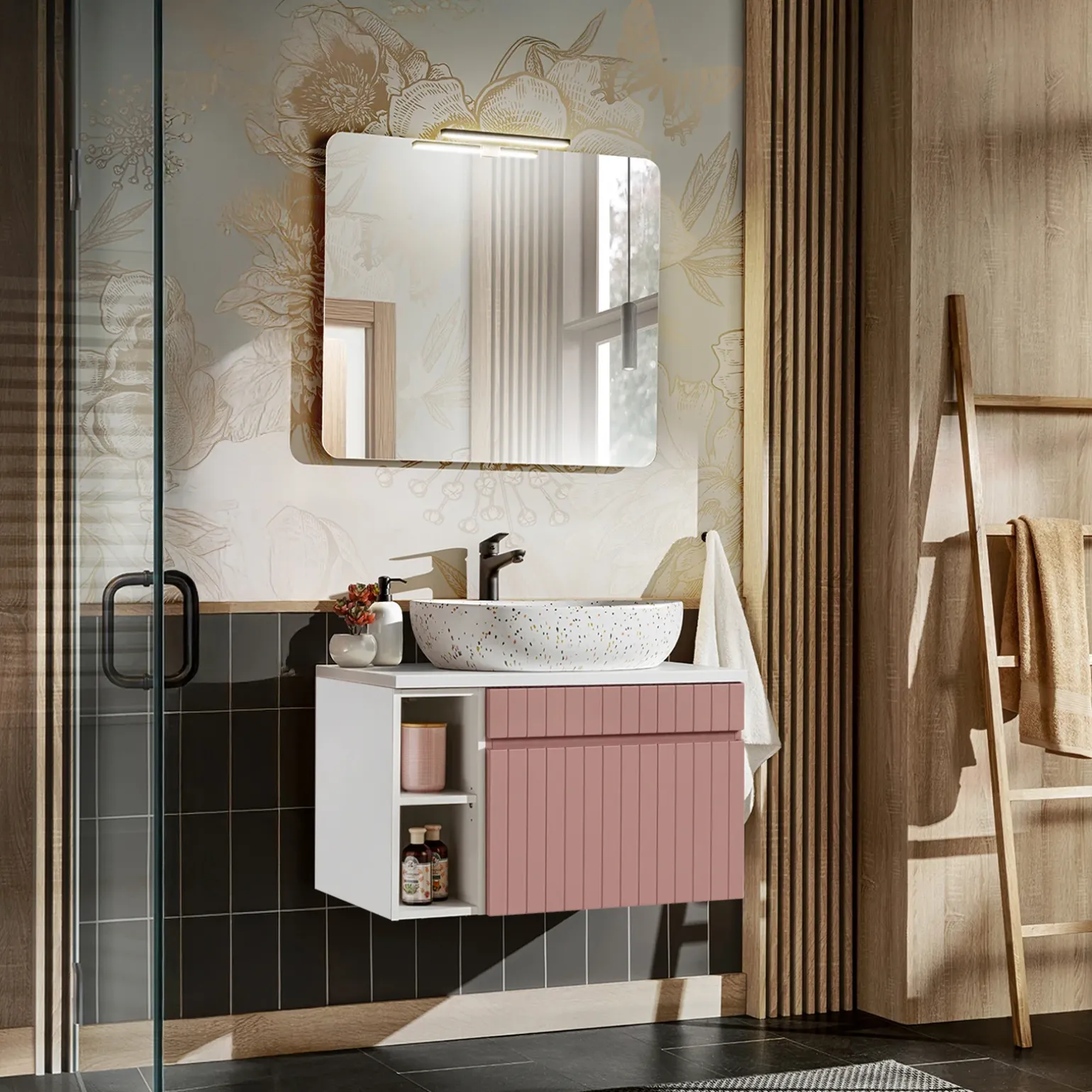 Mobile bagno sospeso 80cm cannettato 1 cassettone e vani rosa Autentic