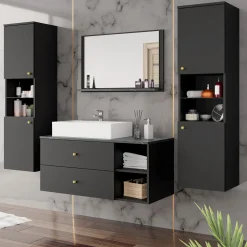 Mobile bagno sospeso 100cm con lavabo, specchio e 2 colonne nero Krom