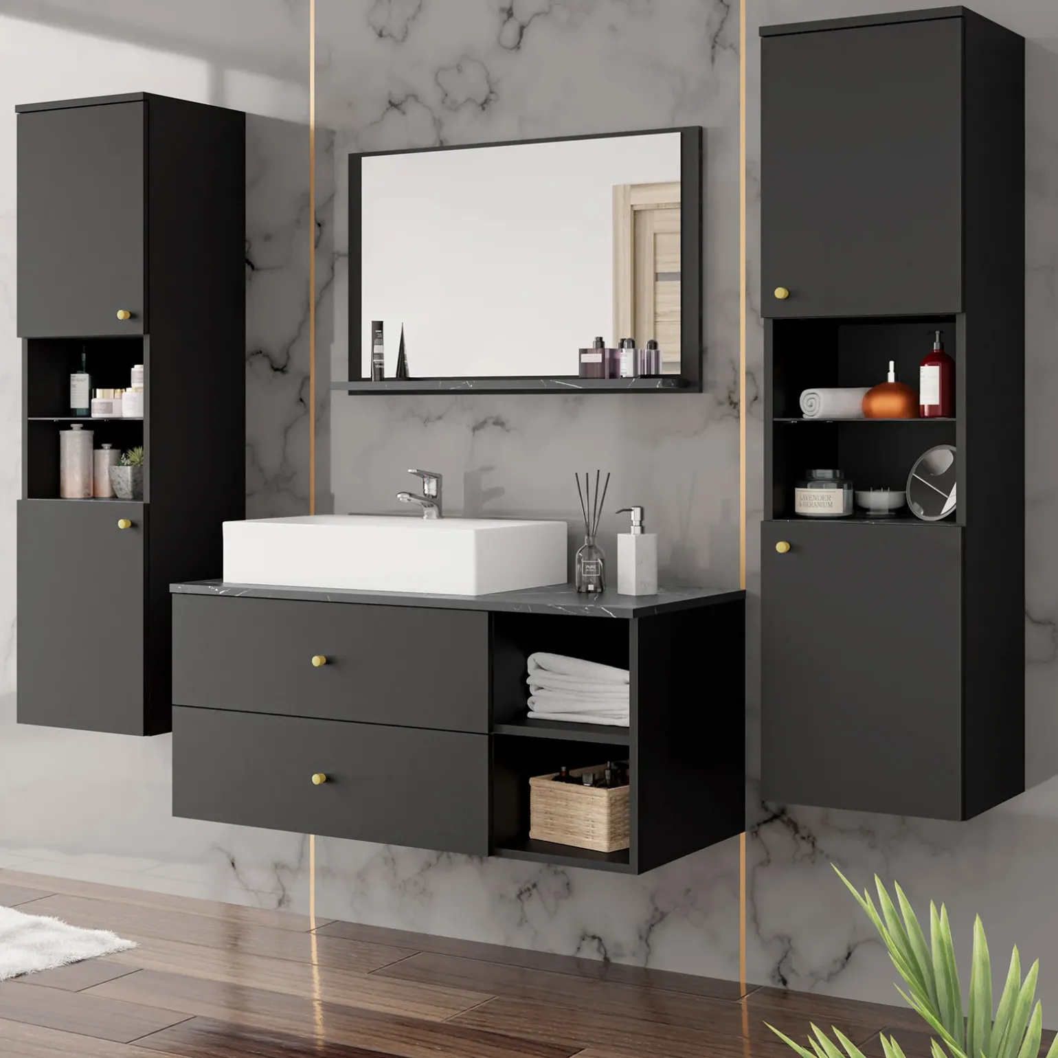 Mobile bagno sospeso 100cm con lavabo, specchio e 2 colonne nero Krom