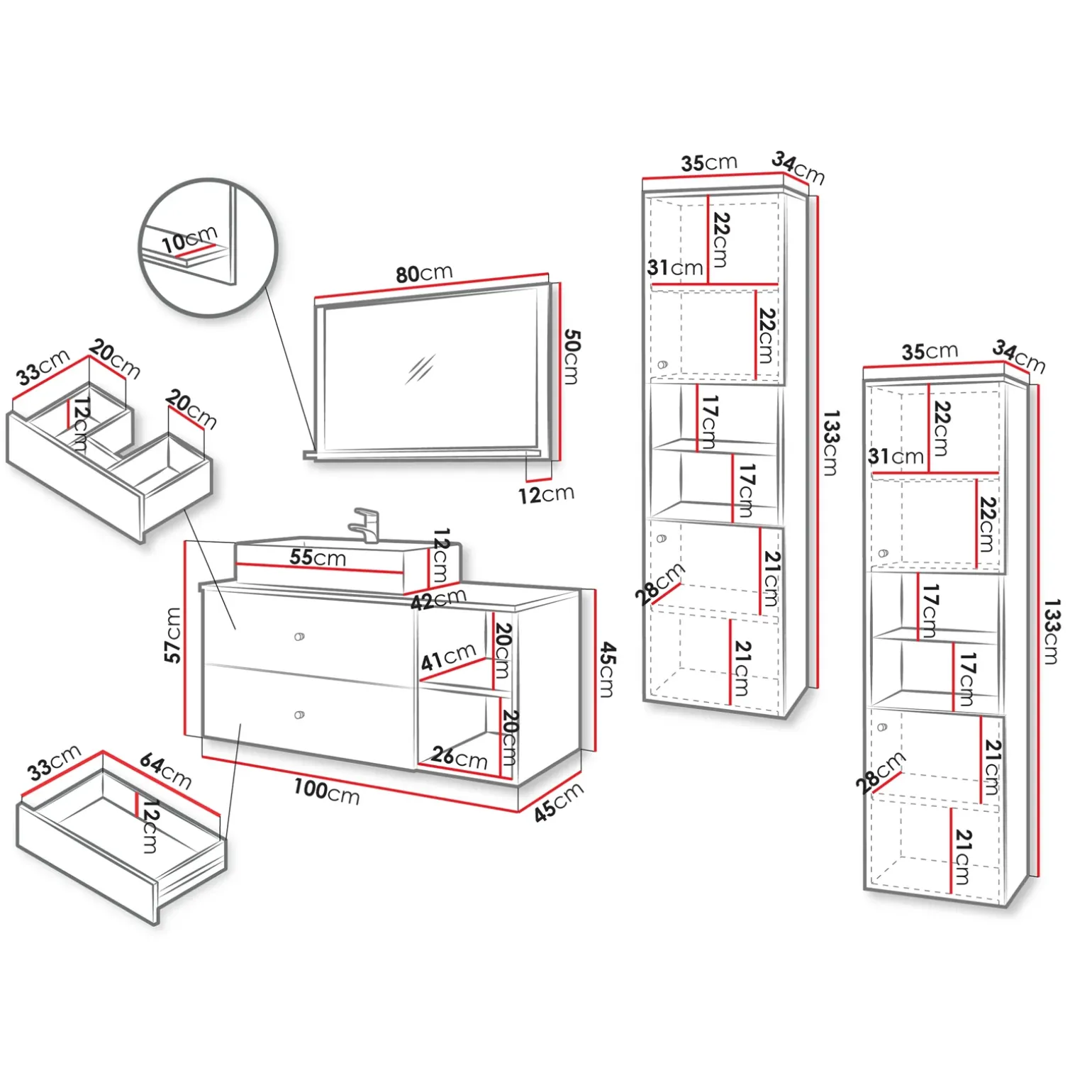 Mobile bagno sospeso 100cm con lavabo, specchio e 2 colonne nero Krom