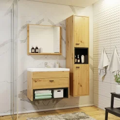 Mobile bagno sospeso 60cm con lavabo, specchio e colonna moderno rovere nero Florentina