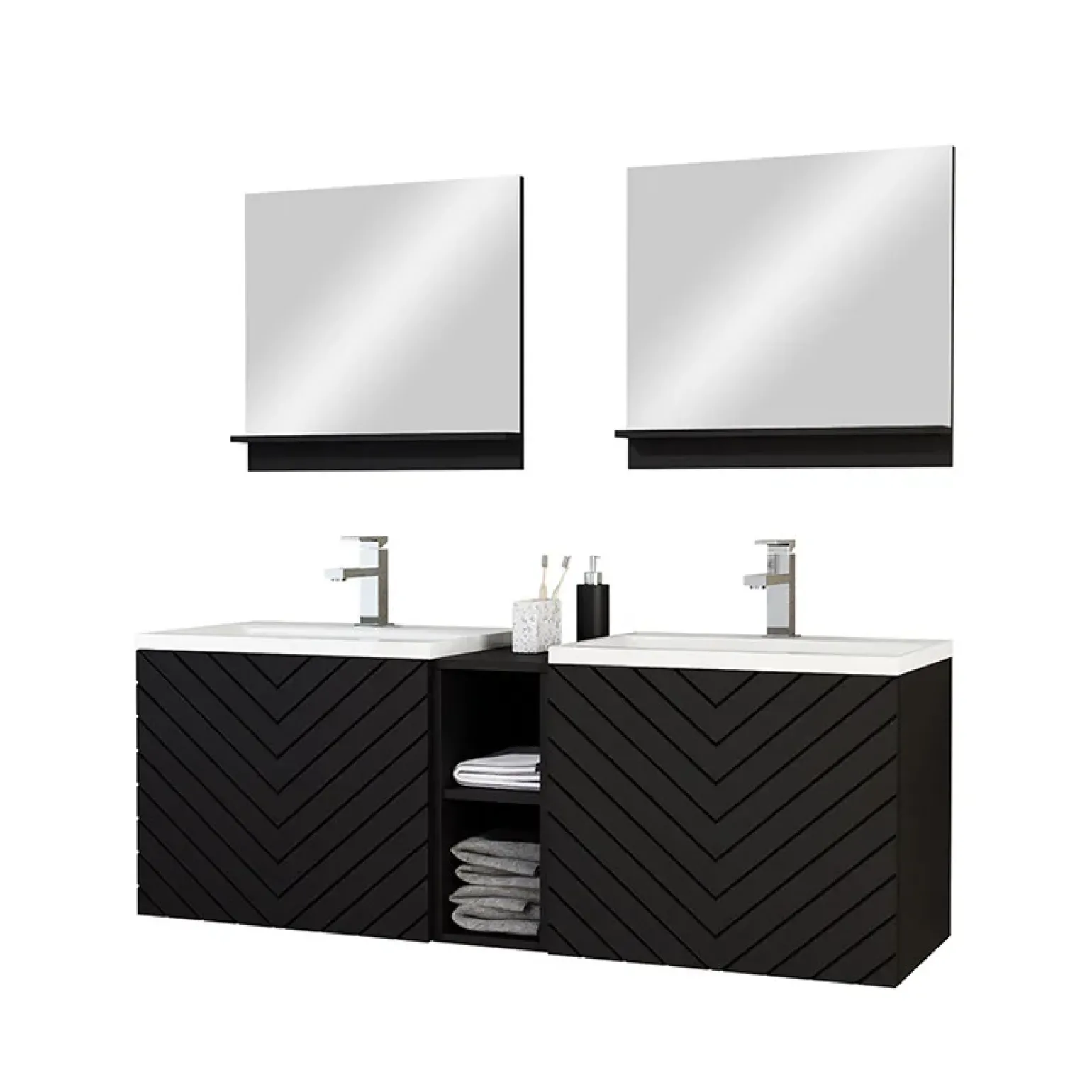 Mobile bagno sospeso 143cm con doppio lavabo e specchio serigrafato nero Baden 6