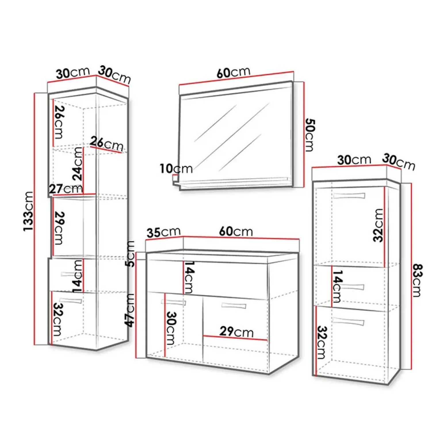 Mobile bagno sospeso 60cm con lavabo, specchio e colonne bianco rovere Loretta
