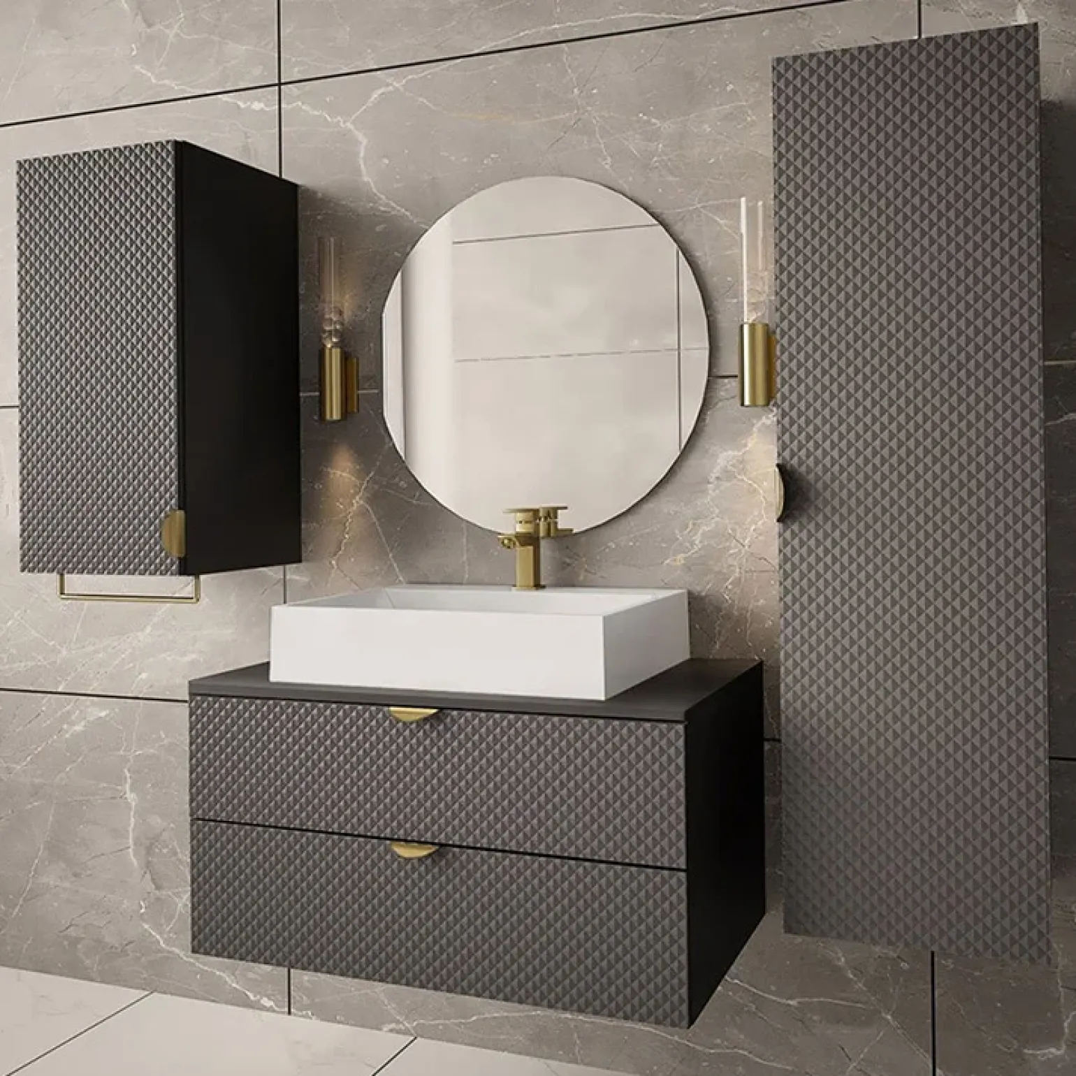 Mobile bagno sospeso 80cm con colonna e pensile grigio Hakone
