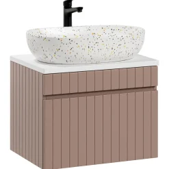 Mobile bagno sospeso 60cm cannettato con lavabo, colonna e specchio rosa Autentic