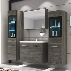 Mobile bagno sospeso 60cm con lavabo, specchio e 2 colonne rovere grigio Luz