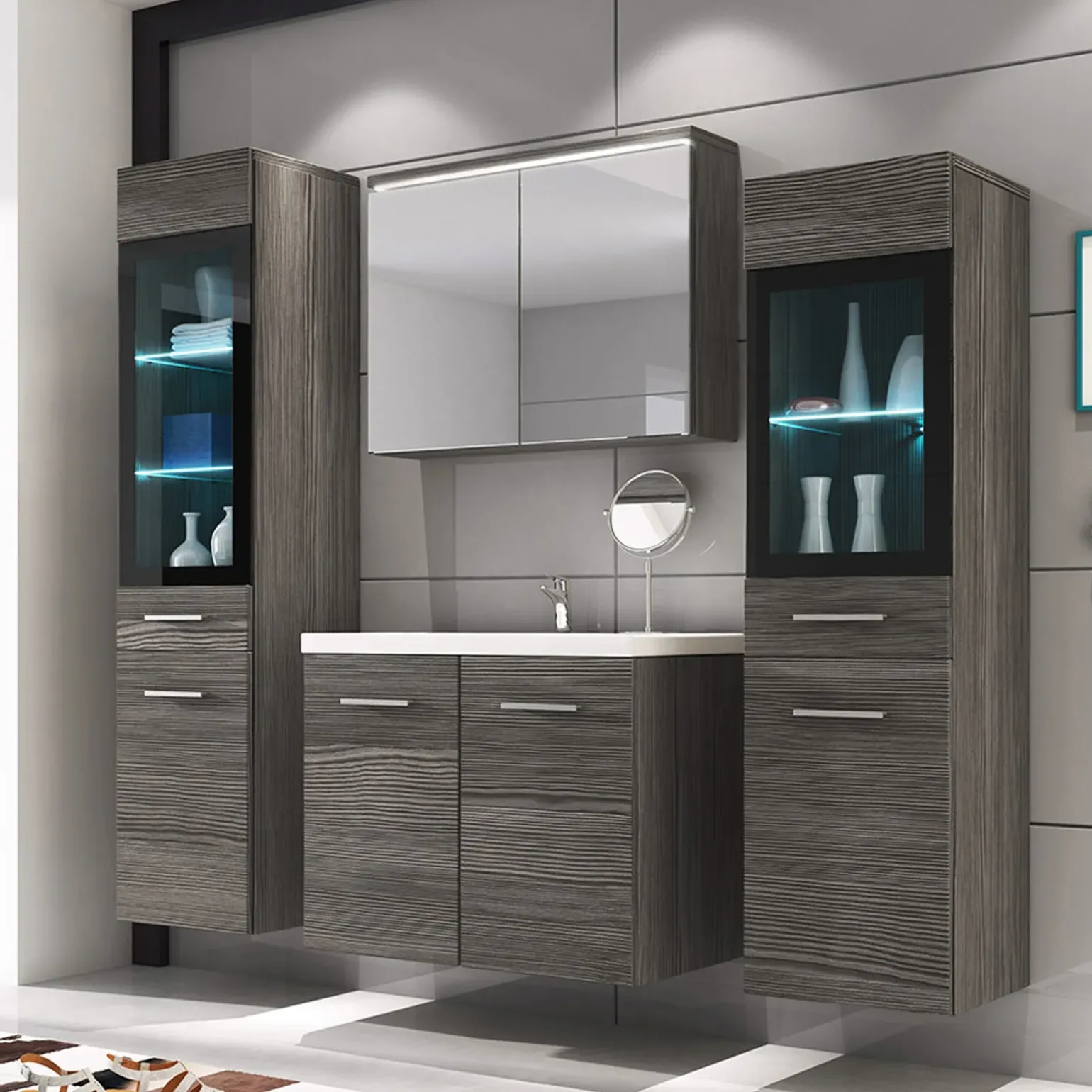 Mobile bagno sospeso 60cm con lavabo, specchio e 2 colonne rovere grigio Luz
