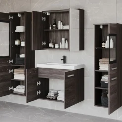 Mobile bagno sospeso 60cm con lavabo, specchio e 2 colonne rovere grigio Luz