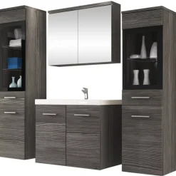 Mobile bagno sospeso 60cm con lavabo, specchio e 2 colonne rovere grigio Luz