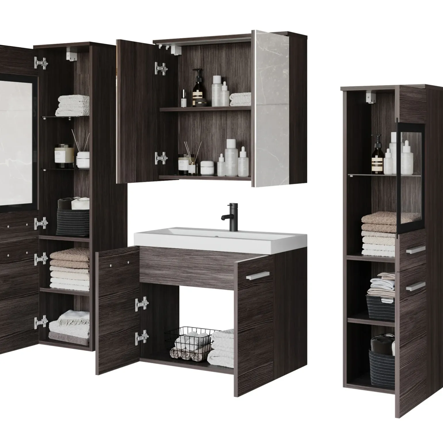 Mobile bagno sospeso 60cm con lavabo, specchio e 2 colonne rovere grigio Luz