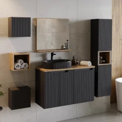 Mobile bagno sospeso 100cm cannettato con portabiancheria nero rovere Cleany