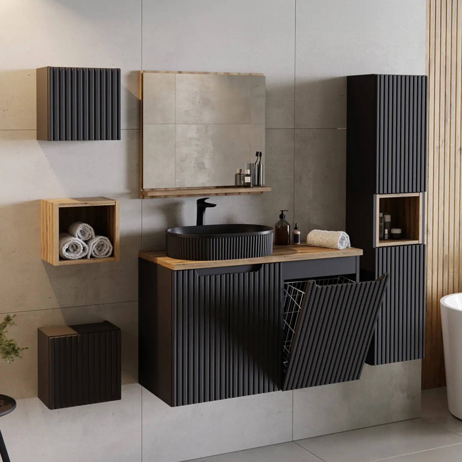 Mobile bagno sospeso 100cm cannettato con portabiancheria nero rovere Cleany