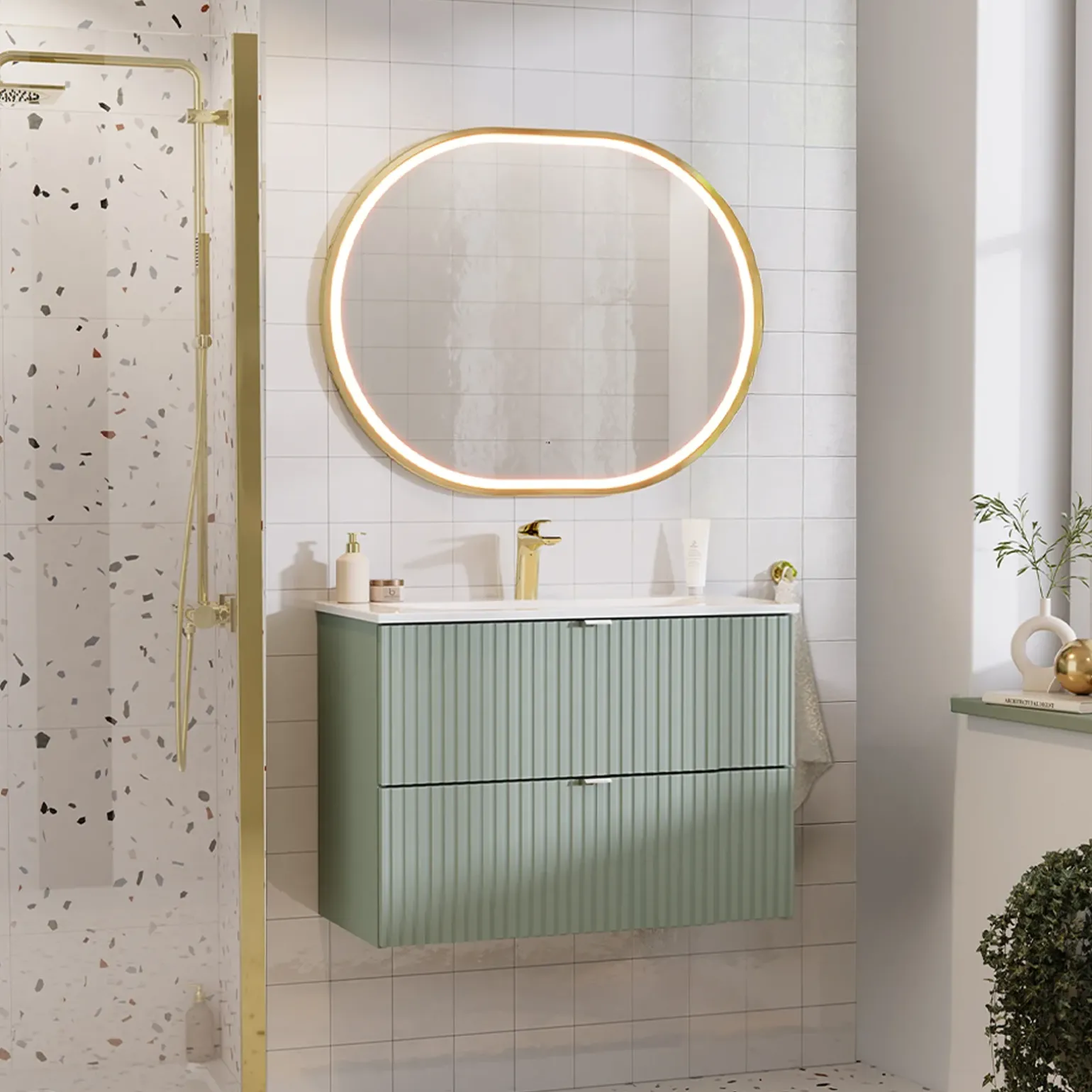 Mobile bagno sospeso 80cm cannettato con lavabo 2 cassetti verde salvia Greeny