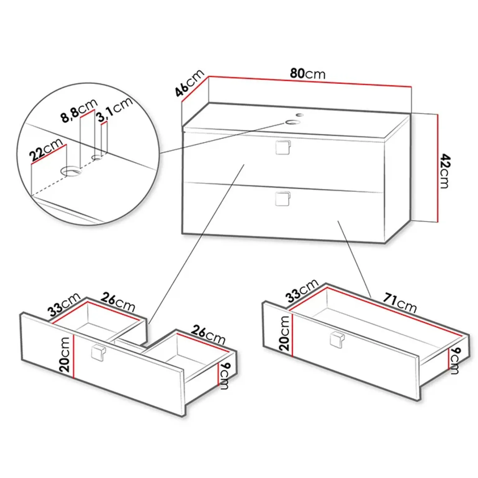 Mobile bagno sospeso 80cm con lavabo 2 cassetti maniglie oro nero Bursa 4
