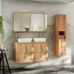 Mobile bagno sospeso 100cm con 2 lavabi e colonna rovere Rovery