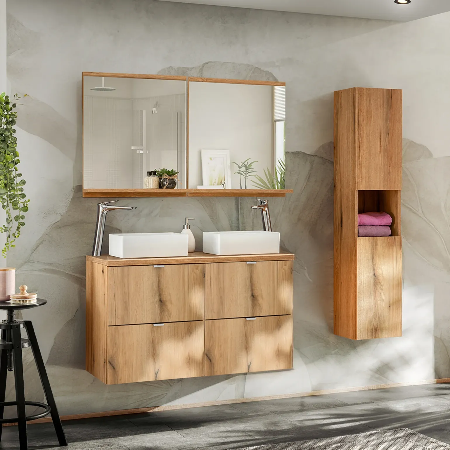 Mobile bagno sospeso 100cm con 2 lavabi e colonna rovere Rovery
