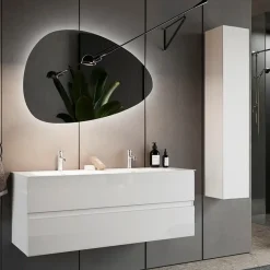 Mobile bagno sospeso 120cm con doppio lavabo e specchio bianco lucido Moon