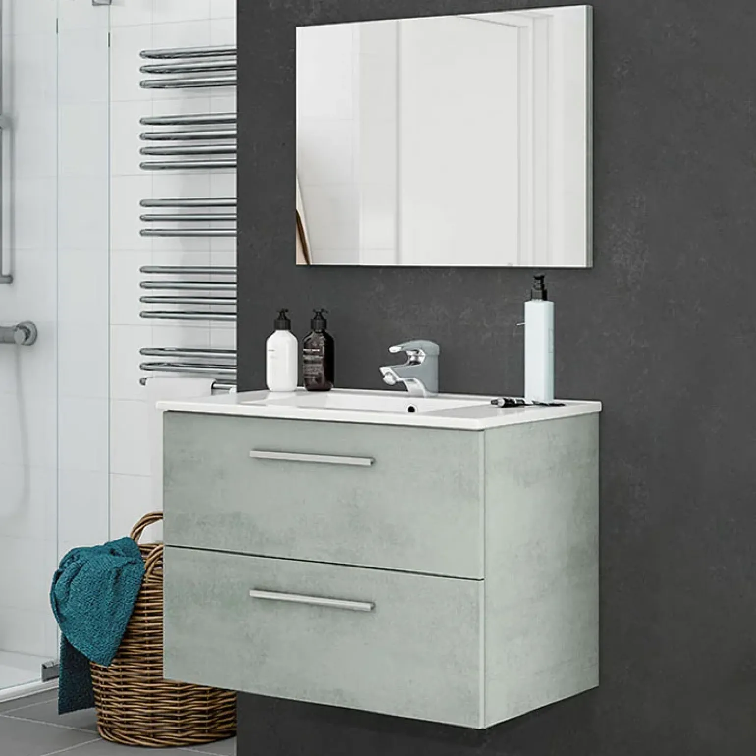 Mobile bagno sospeso 80cm con lavabo e specchio cemento bianco Oscar