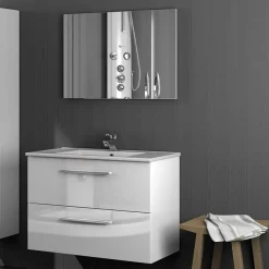 Mobile bagno sospeso 80cm con lavabo e specchio bianco lucido Elton