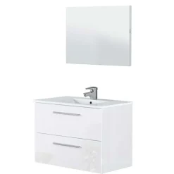 Mobile bagno sospeso 80cm con lavabo e specchio bianco lucido Elton