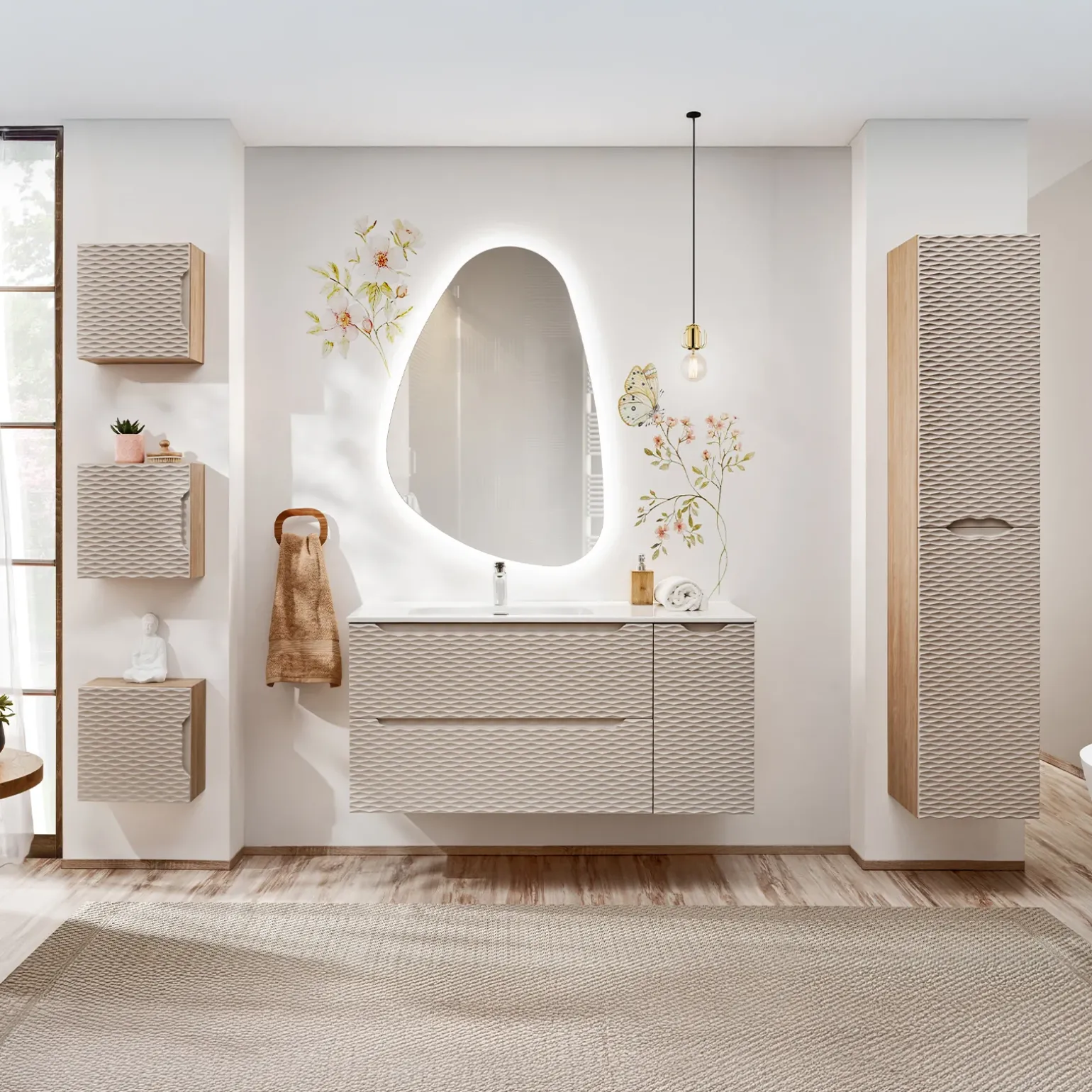 Mobile bagno sospeso 120cm con lavabo, specchio, colonna e 3 pensili beige rovere Swim