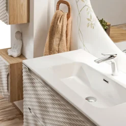 Mobile bagno sospeso 120cm con lavabo, specchio, colonna e 3 pensili beige rovere Swim