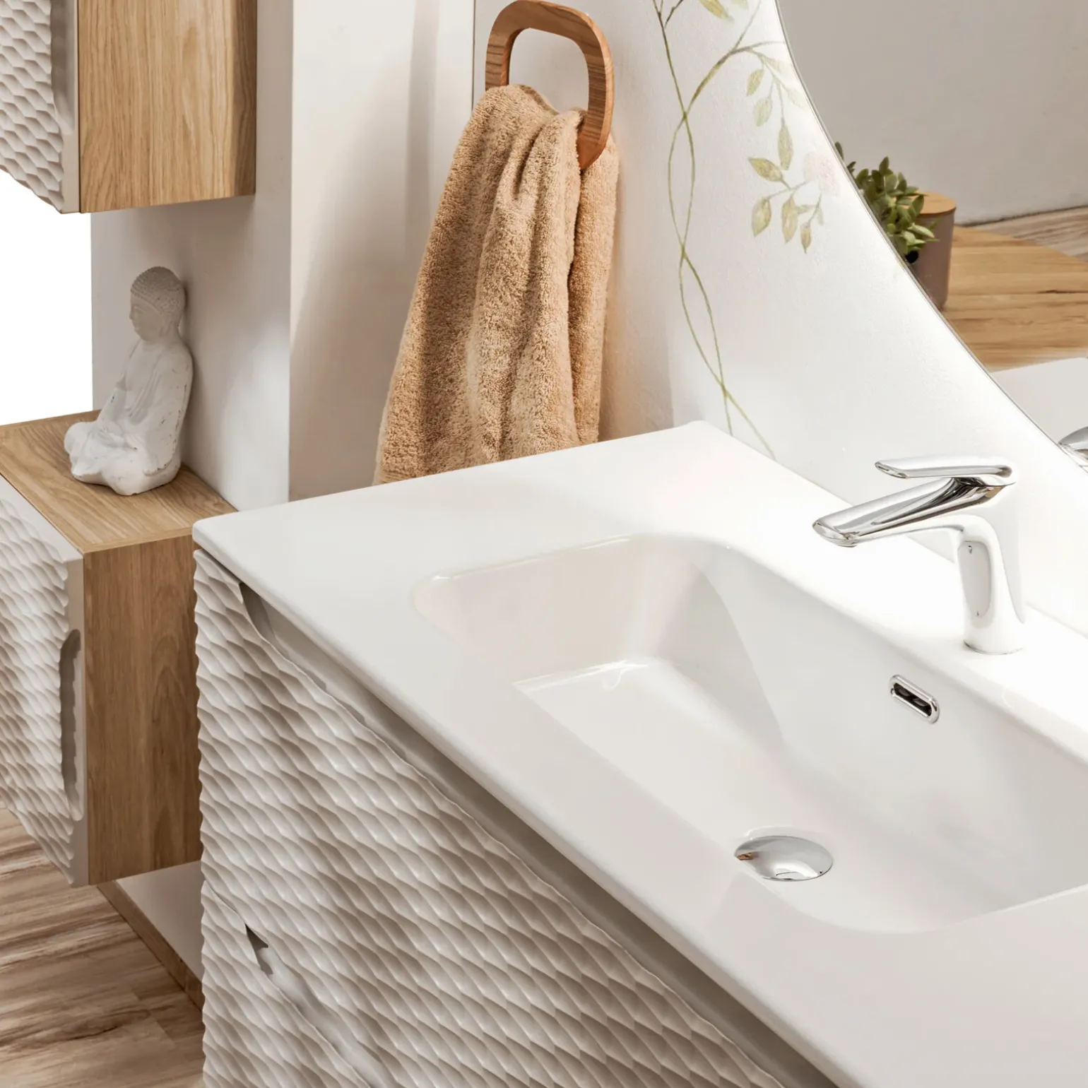 Mobile bagno sospeso 120cm con lavabo, specchio, colonna e 3 pensili beige rovere Swim
